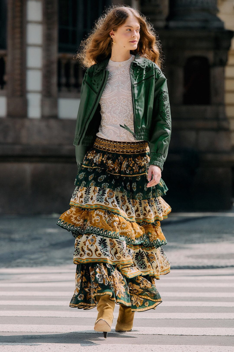 Green Ayla Mixed Scarves Layered Maxi Skirt 1