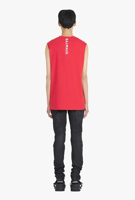 Red eco-designed cotton T-shirt with white Balmain logo print - 3