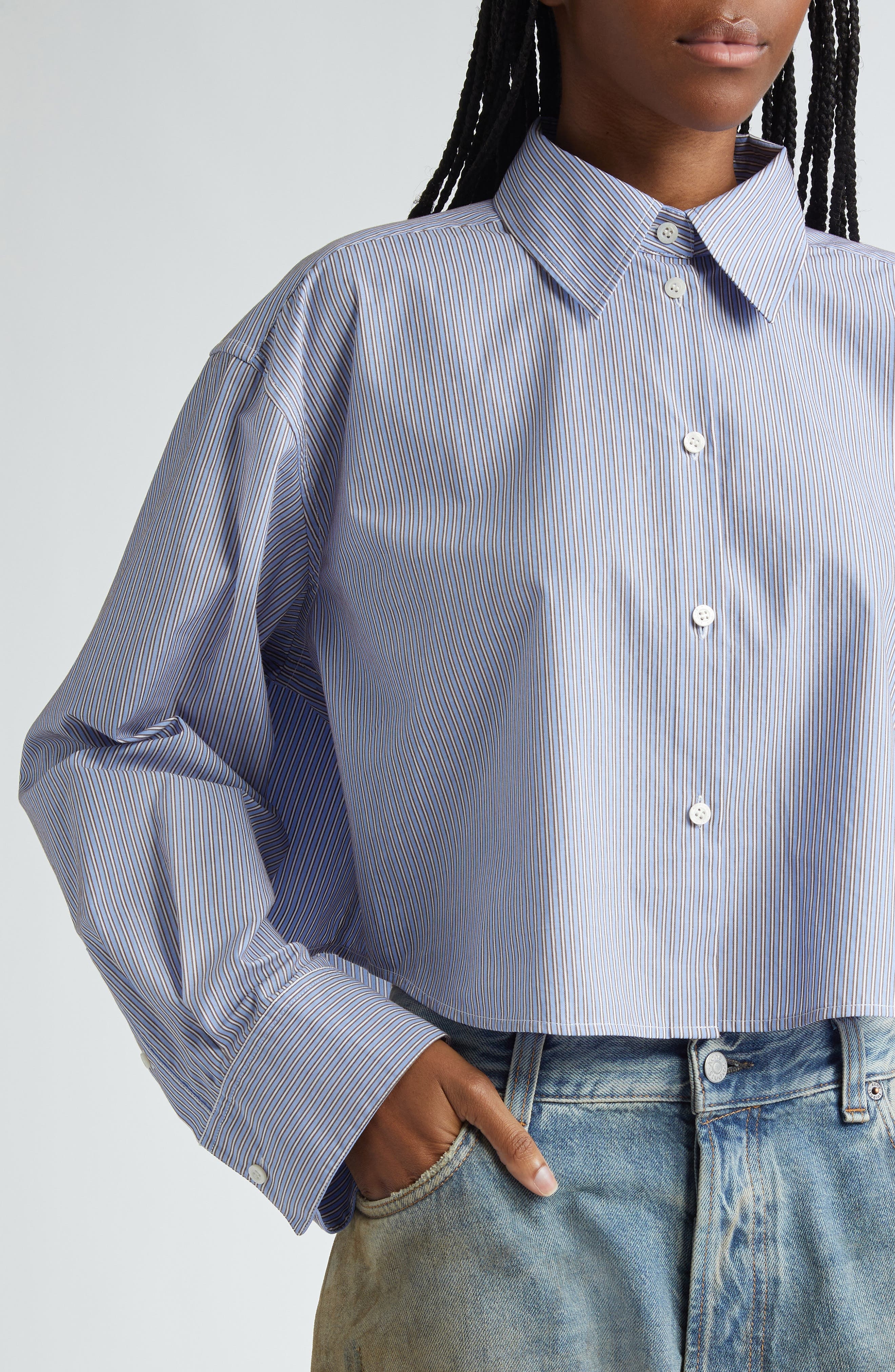 Acne Studios Satai Stripe Crop Cotton Button-Up Shirt in Sky Blue/Coffee Brown at Nordstrom - 5