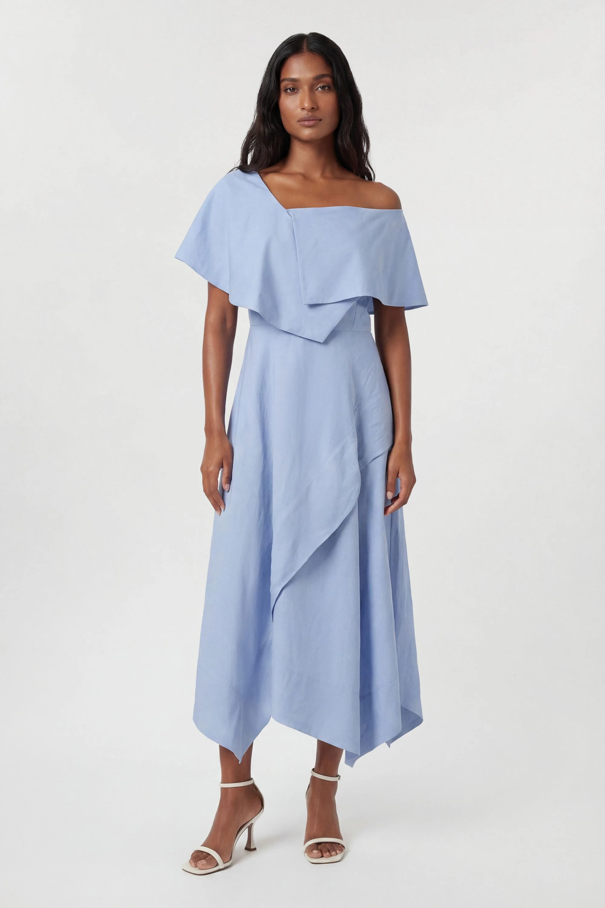 Petite Premium Viscose Linen Tailored Asymmetric Neck Full Skirted Midi Dress - 1