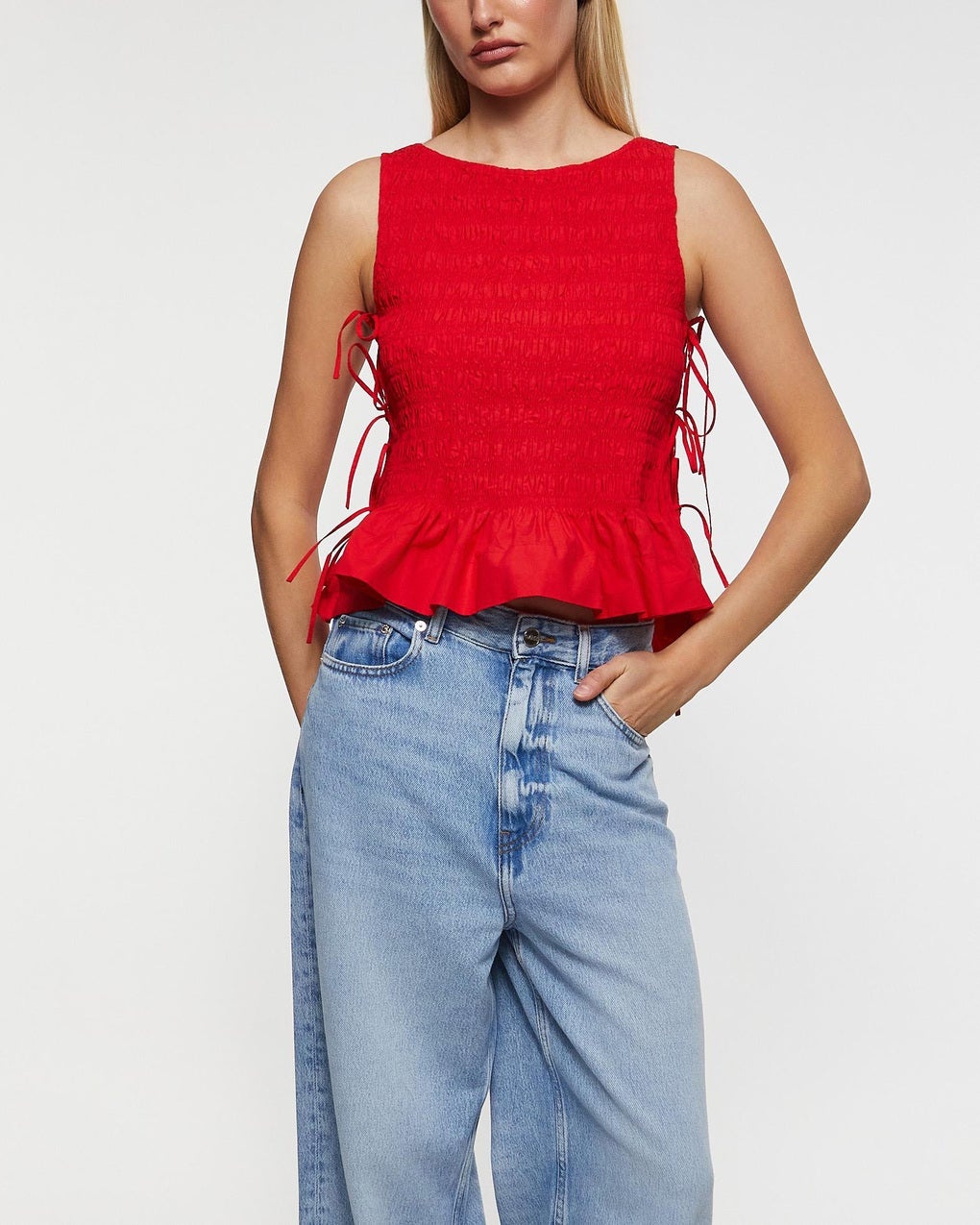 Top Cotton Poplin Smock Tie String Red - 2