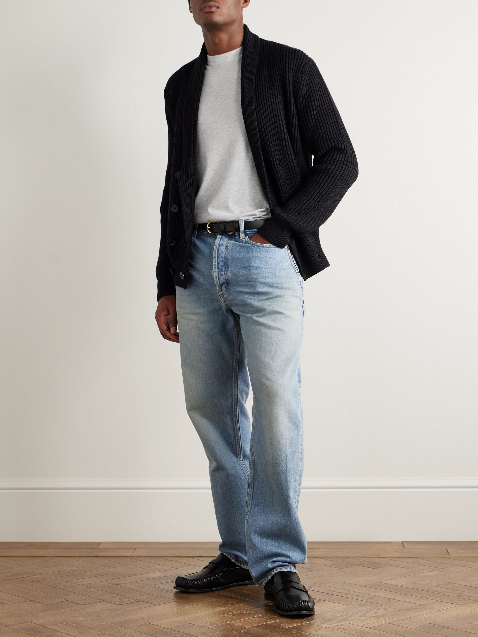Shawl-Collar Double-Breasted Ribbed Wool and Silk-Blend Cardigan Black - 2