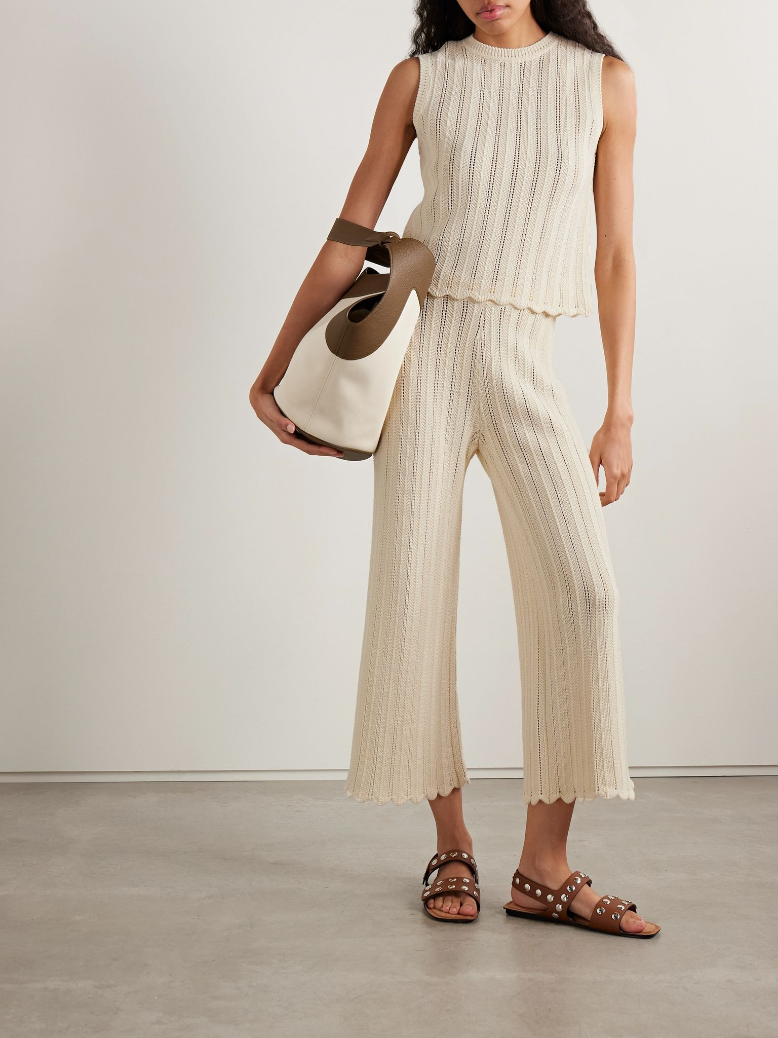 Petey cropped ribbed open-knit organic cotton flared pants Ivory - 2