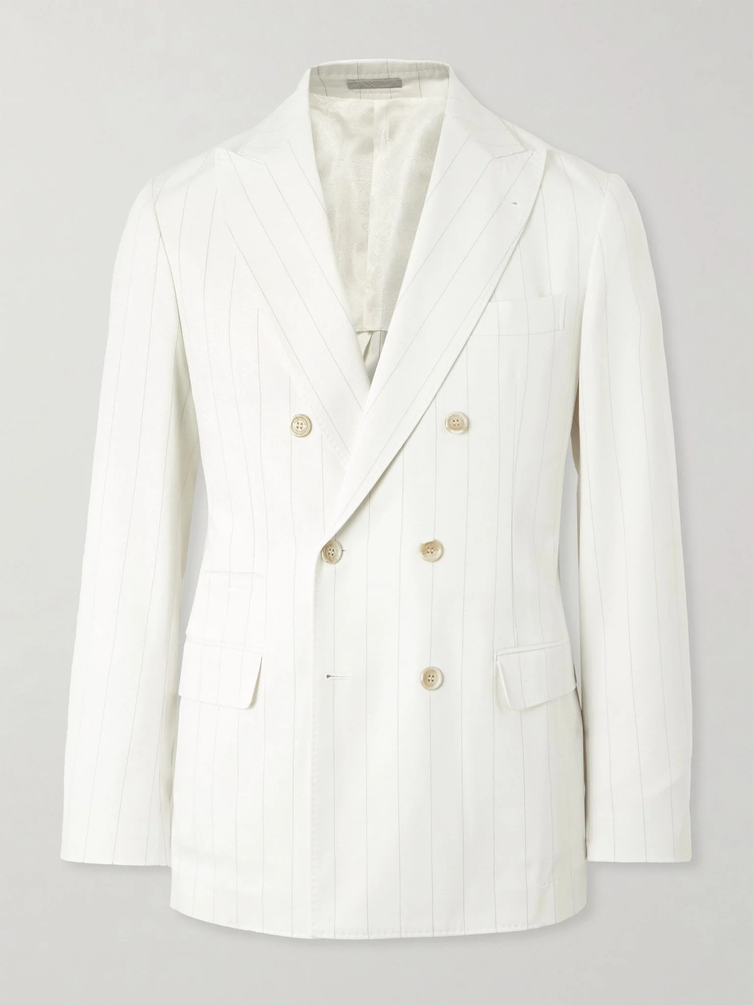 Double-Breasted Pinstriped Wool and Cotton-Blend Twill Blazer White - 1