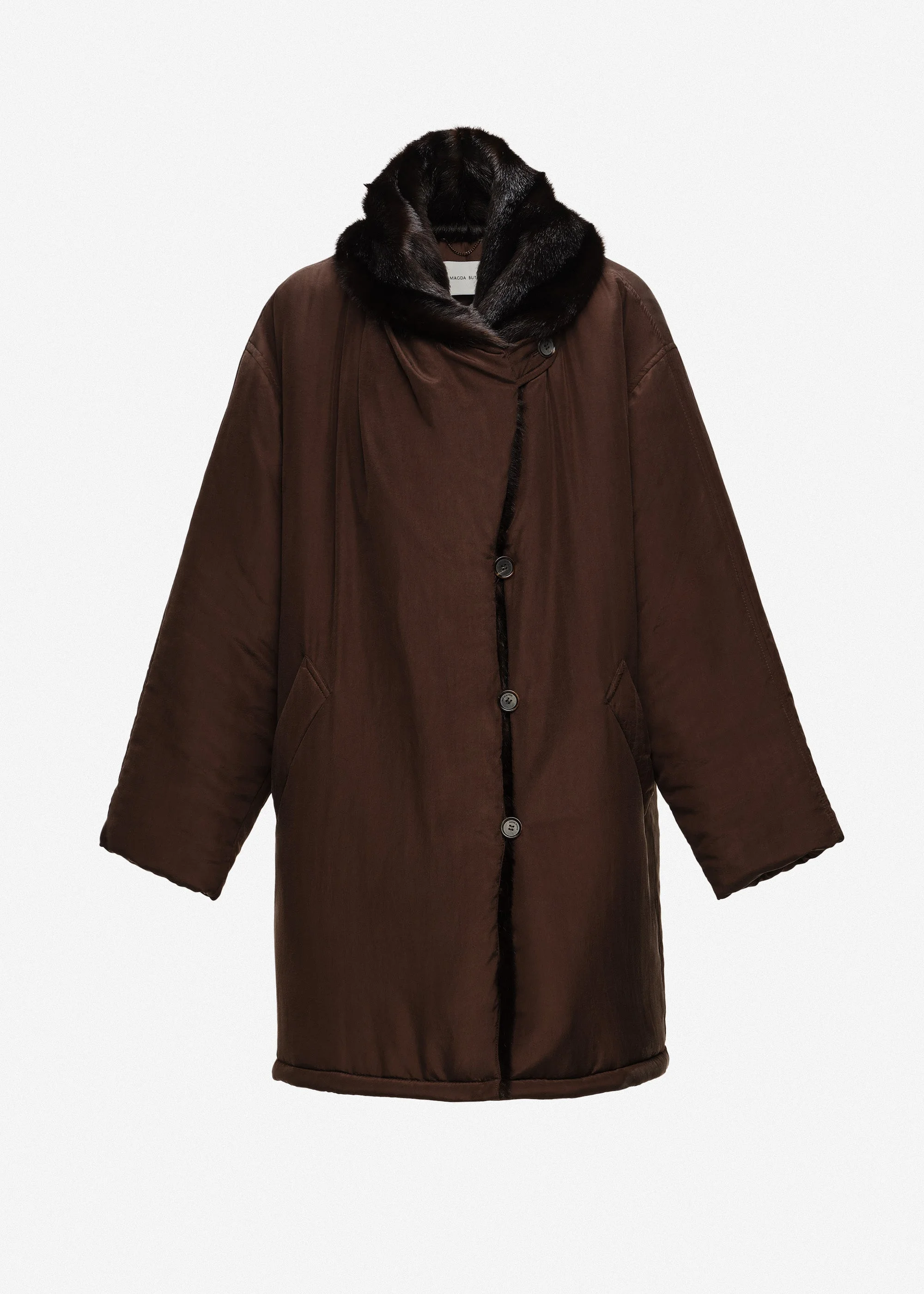 Insulated silk coat with faux fur collar in brown - 1