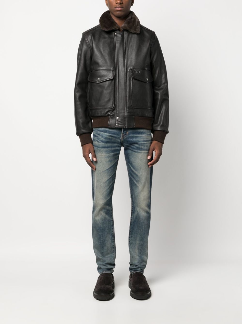 spread-collar leather jacket - 2