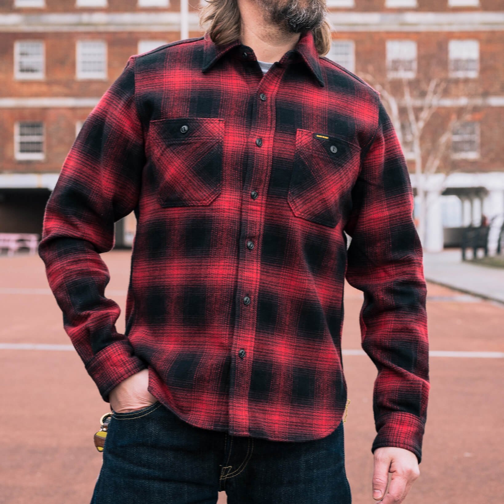 IHSH-265-RED Ultra Heavy Flannel Ombré Check Work Shirt - Red/Black - 4