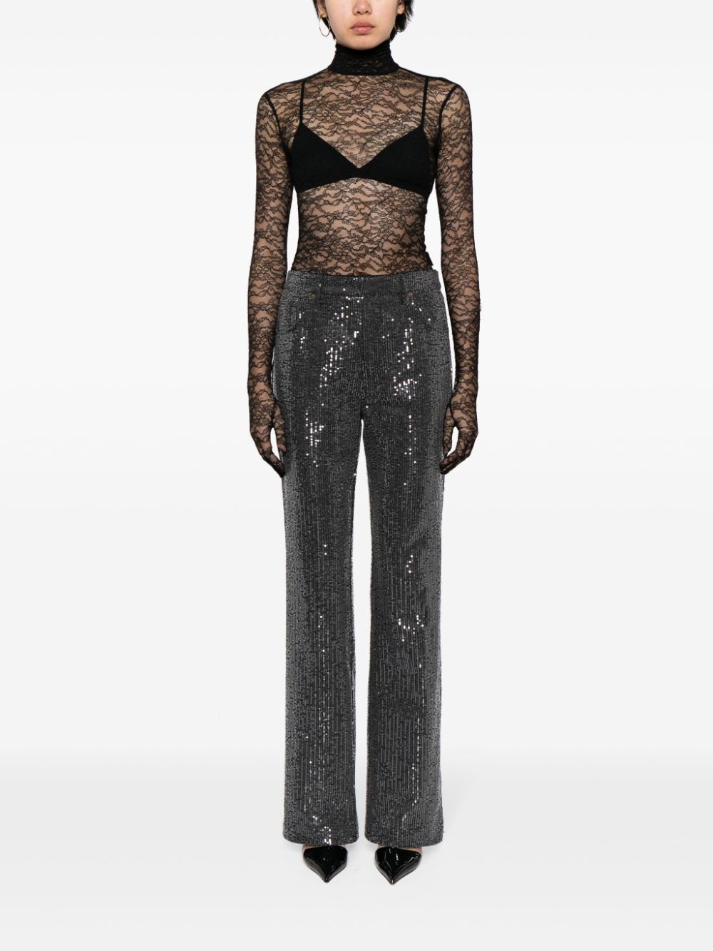 floral-lace glove-sleeve top - 2
