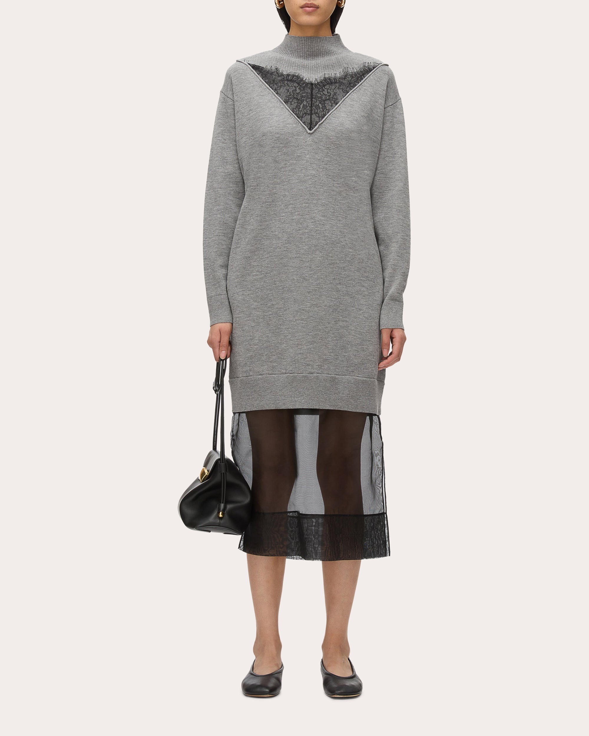 Layered Lace-Inset Chiffon-Trim Wool Midi Dress - 1