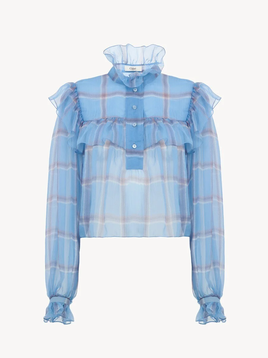 RUFFLED TOP IN CHECK SILK MOUSSELINE - 1