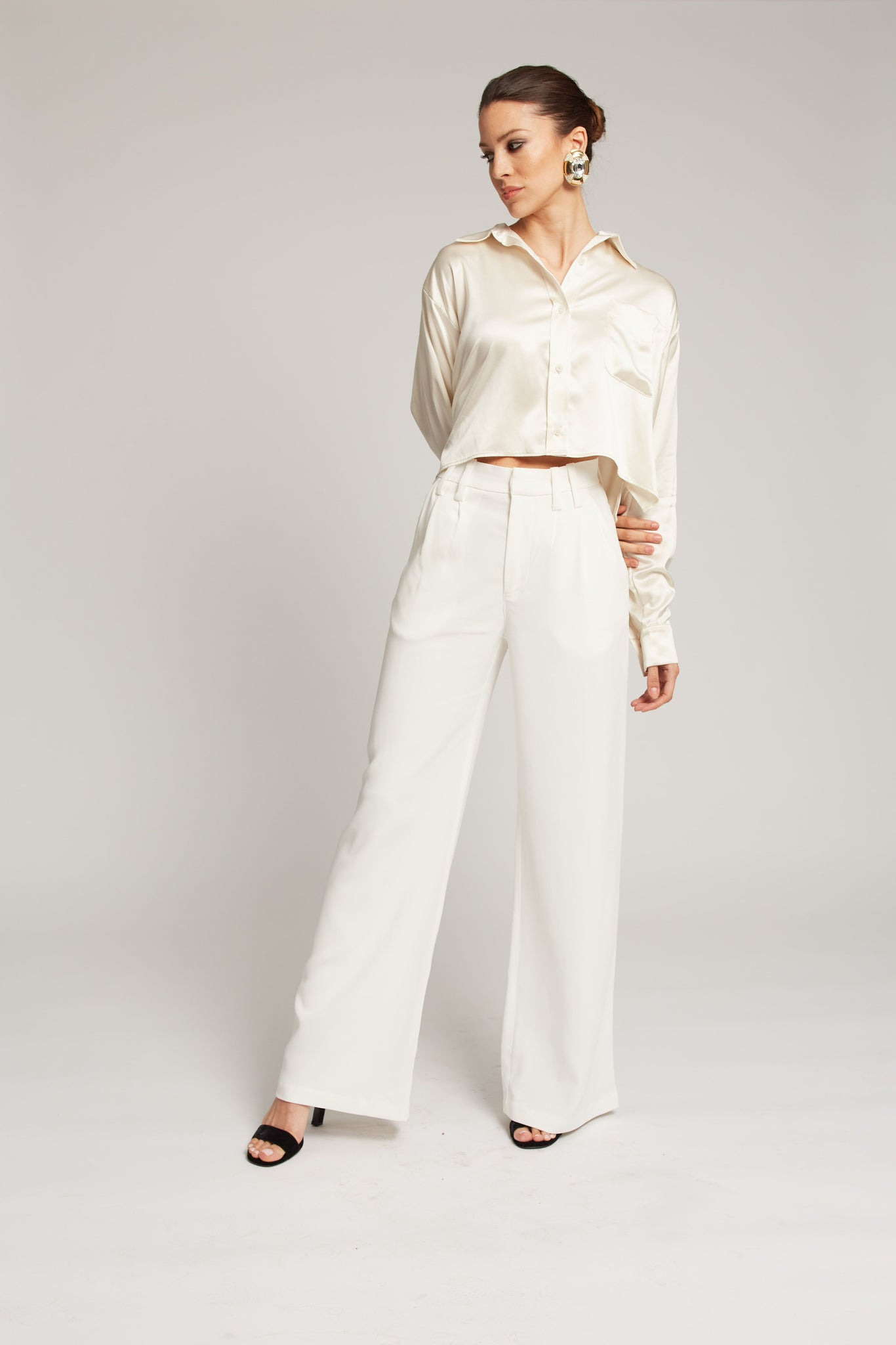 IVORY SILK CROPPED BUTTON DOWN - 2