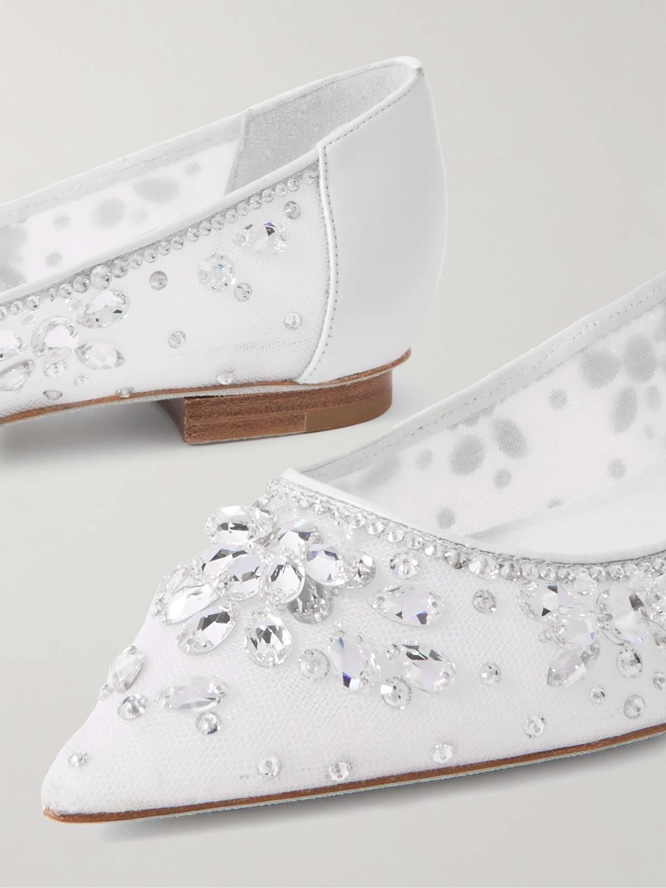 Leather-trimmed crystal-embellished tulle point-toe flats White - 4