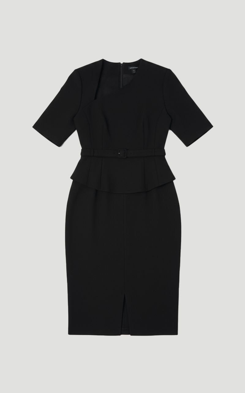 Petite Structured Crepe Forever Asymmetric Neck Belted Pencil Midi Dress - 1