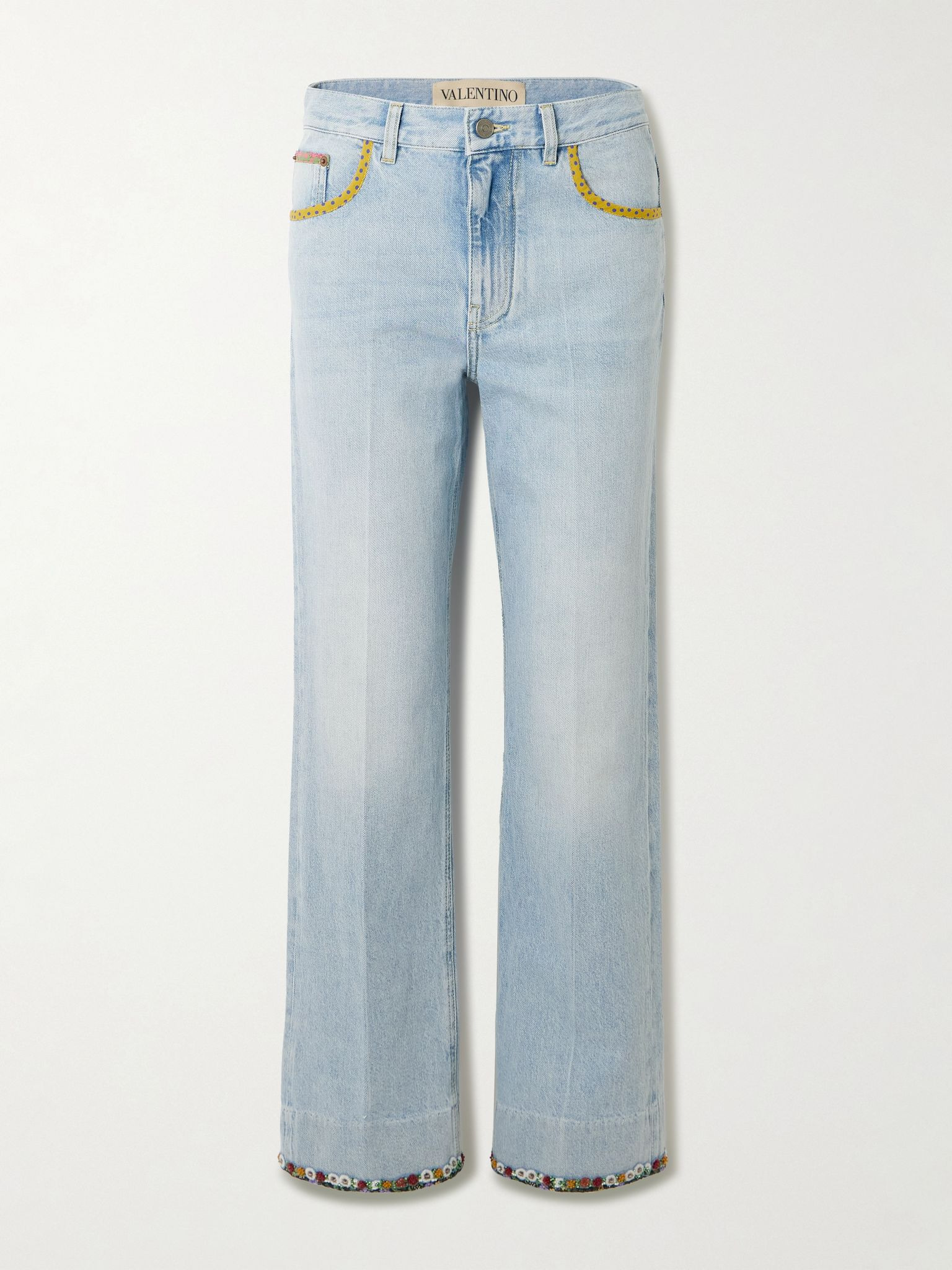Embellished printed chiffon-trimmed mid-rise straight-leg jeans Light denim - 1