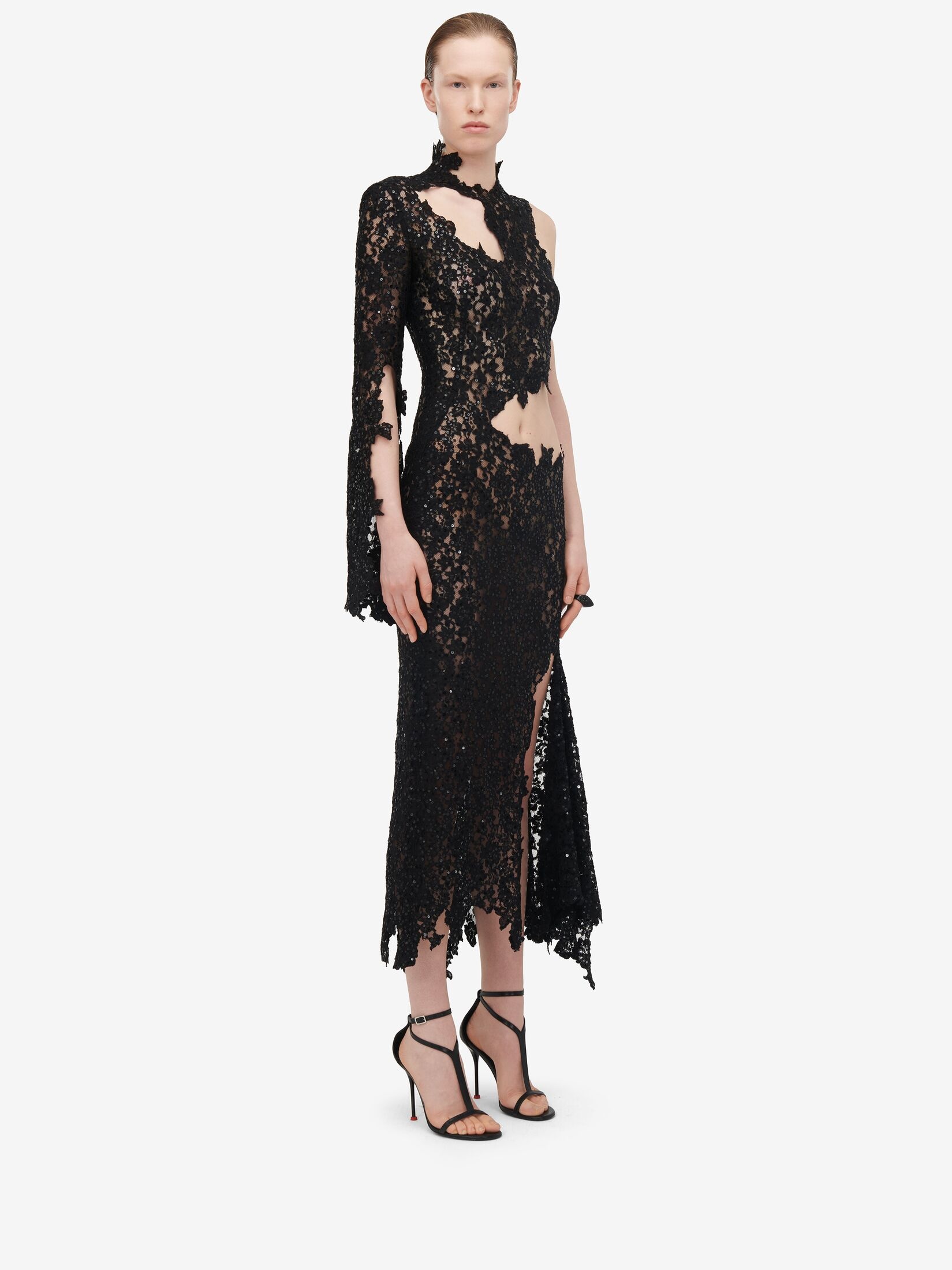 Women's Asymmetric Cut-out Lace Dress in Black - 3