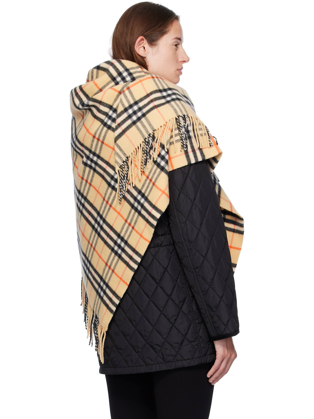 Beige Check Wool Cashmere Cape - 3