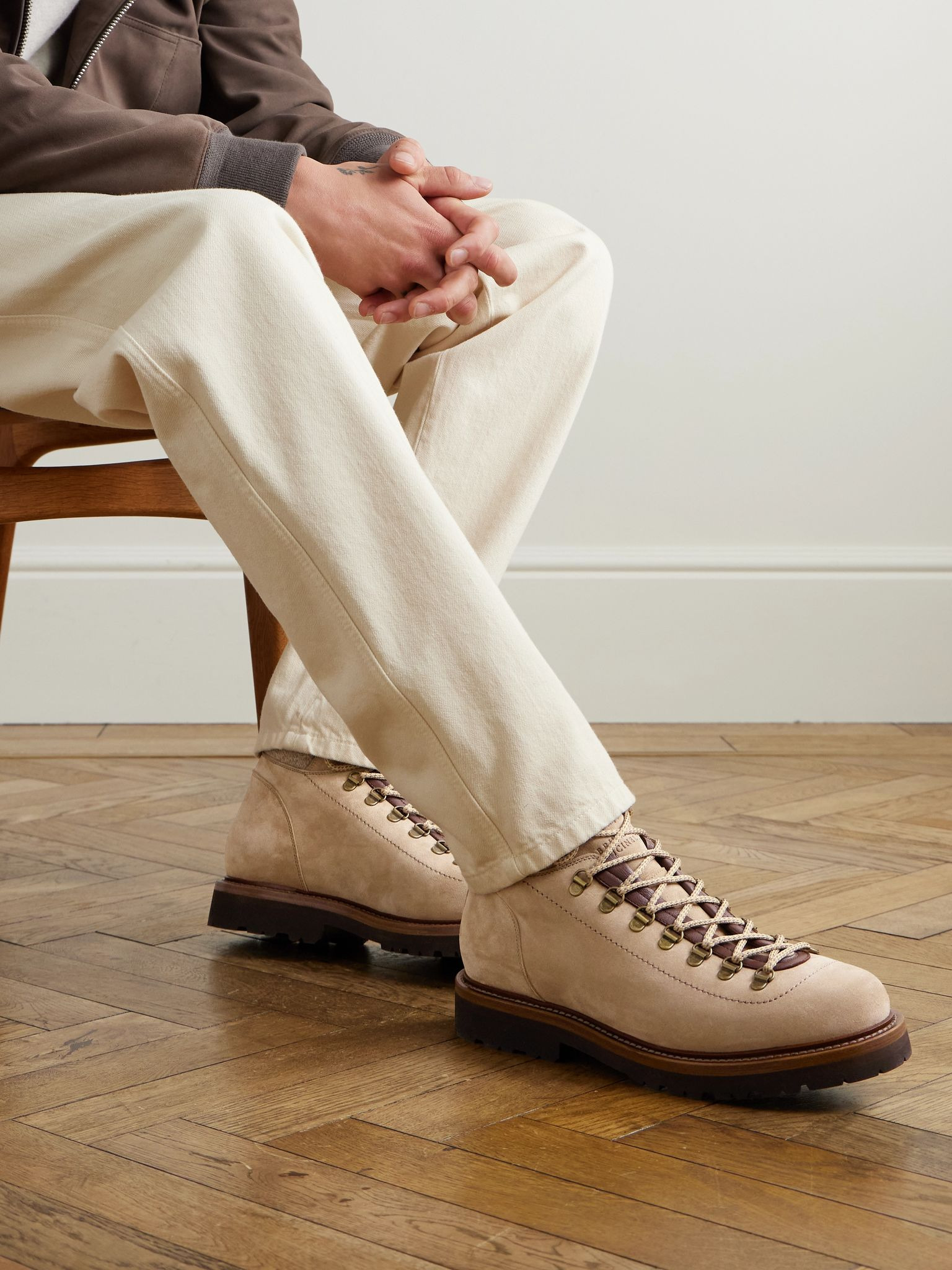 Flannel and Full-Grain Leather-Trimmed Suede Boots Beige - 2