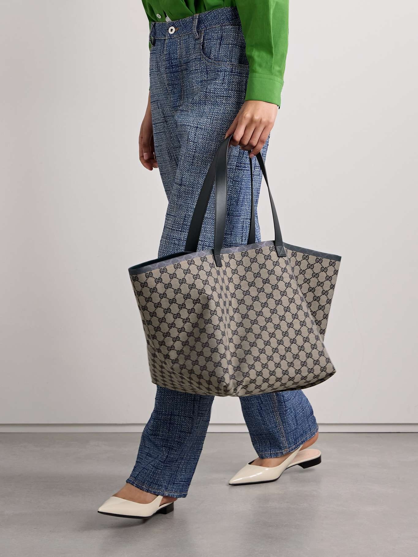 Reversible leather-trimmed coated canvas-jacquard tote - 2