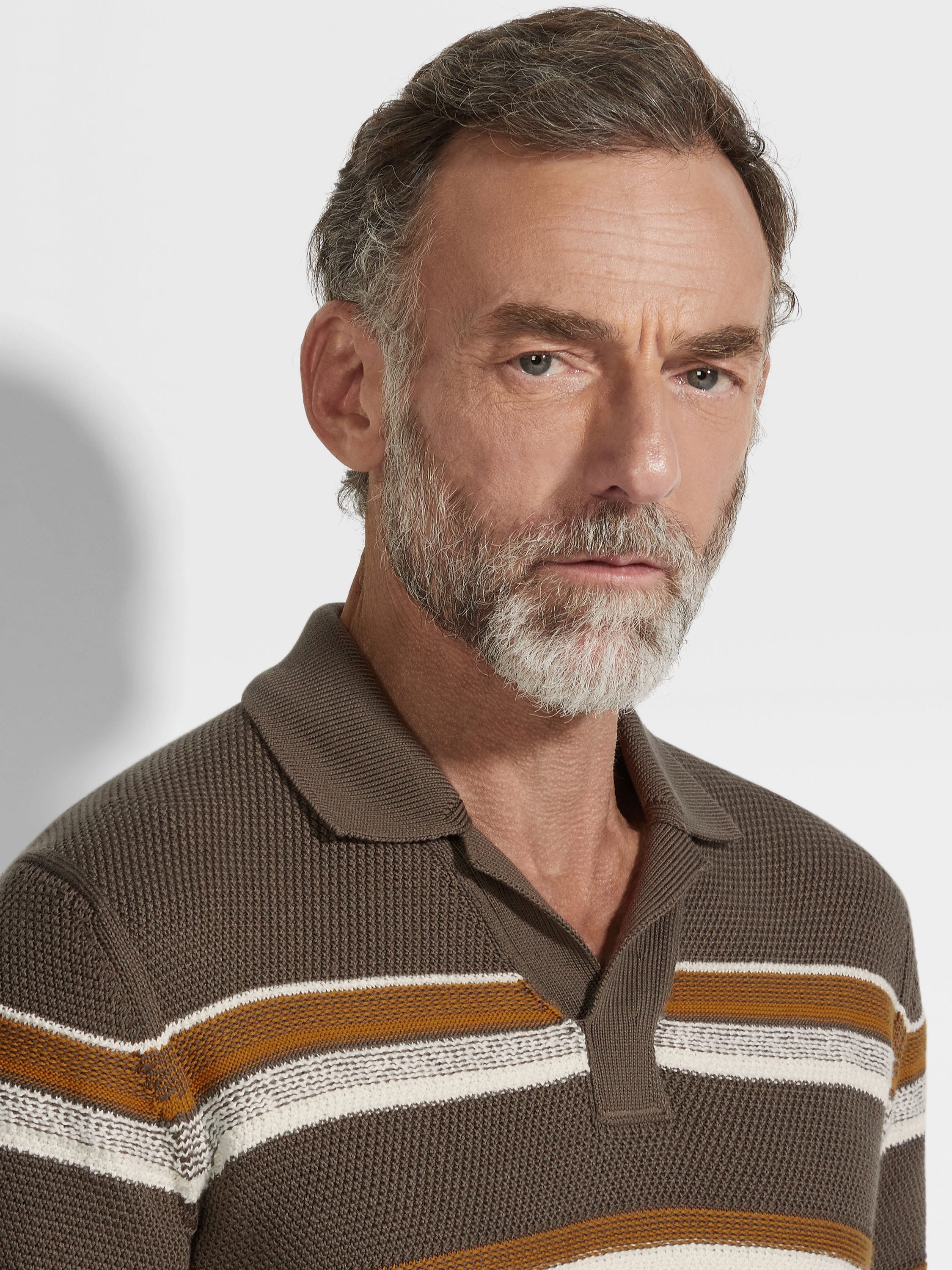 DARK TAUPE OCHRE AND WHITE COTTON AND SILK POLO SHIRT - 2