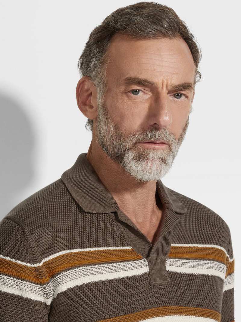 ZEGNA DARK TAUPE OCHRE AND WHITE COTTON AND SILK POLO SHIRT outlook
