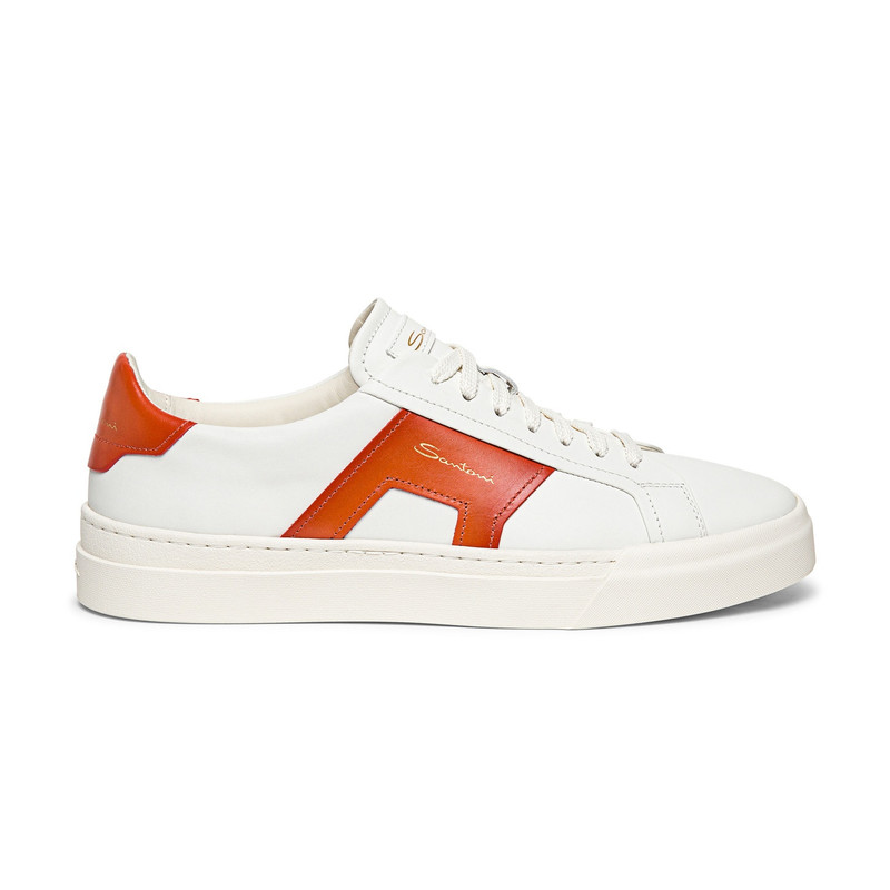 Men’s white and orange leather double buckle sneaker 1
