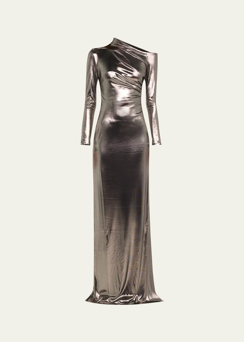 Metallic Long-Sleeve Ruched Gown 1