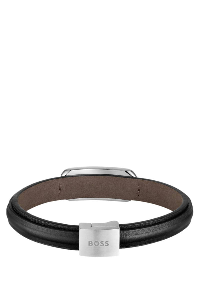 BOSS BROWN-LEATHER CUFF WITH BRANDED METALLIC LINK outlook