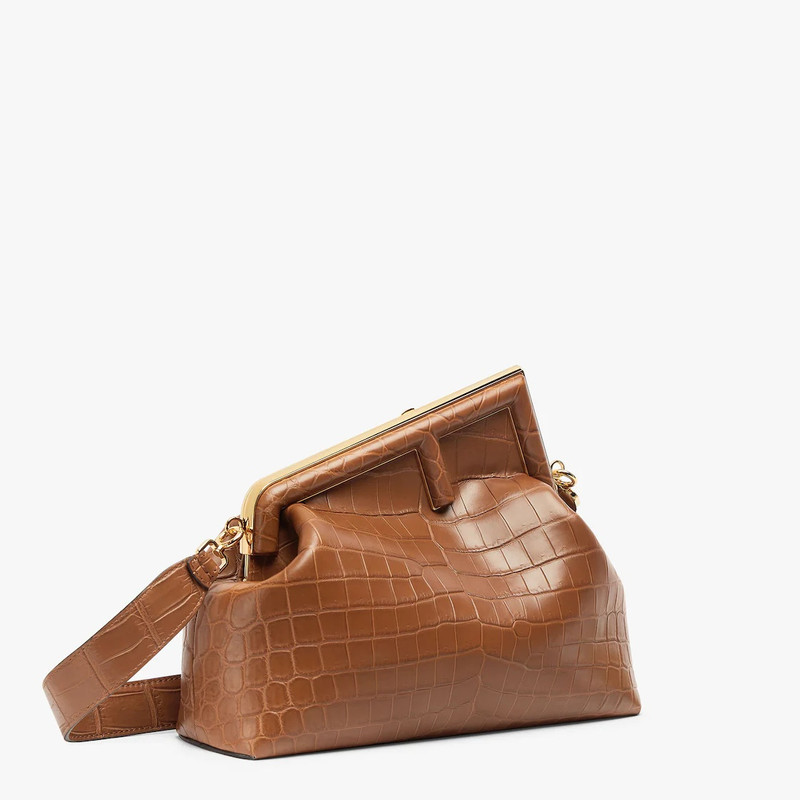 FENDI Medium Fendi First bag in exquisite brown crocodile leather with an oversized F metal clasp with ton outlook