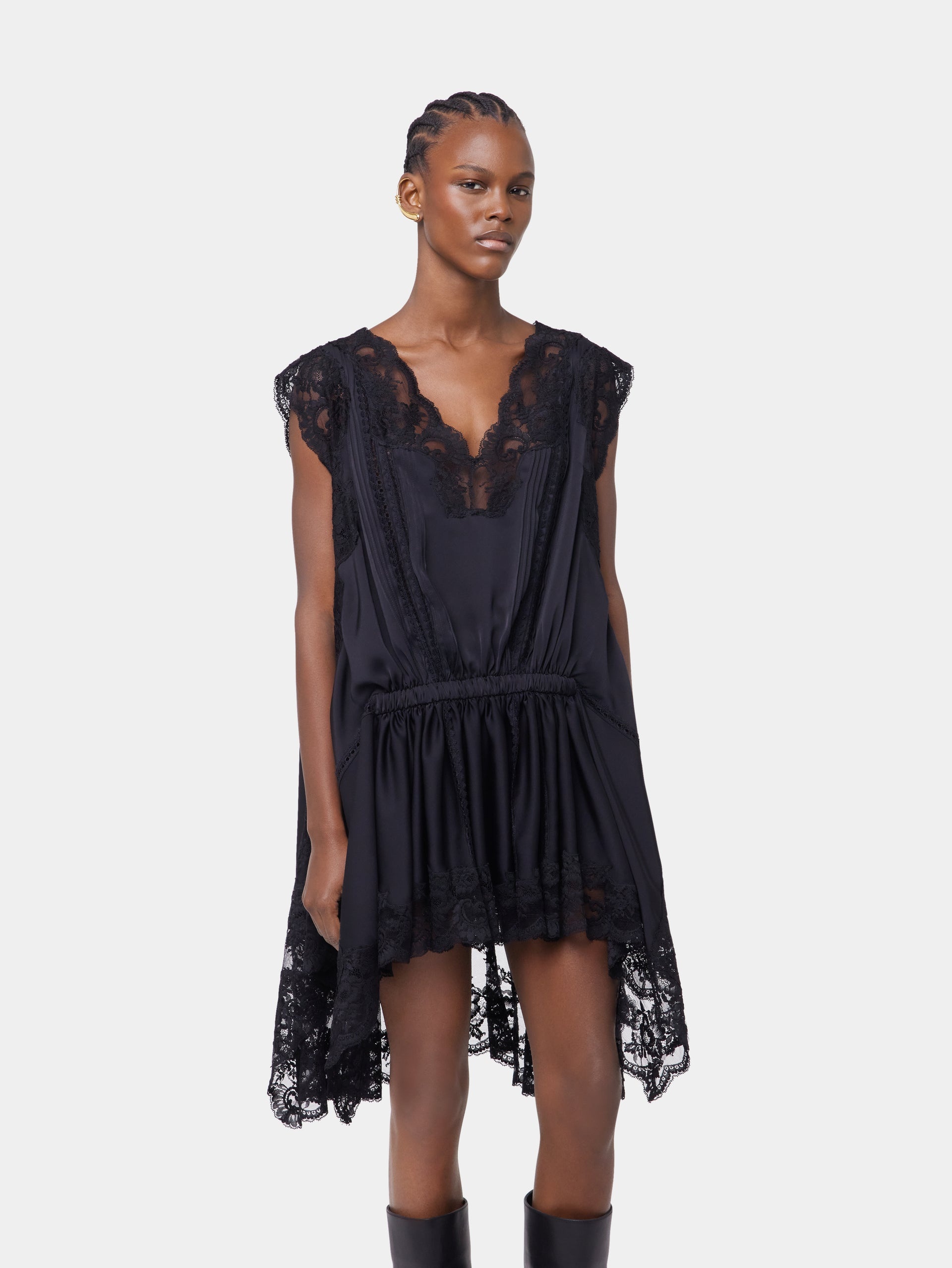 BLACK SHORT DRESS IN LACE AND SATIN - 6