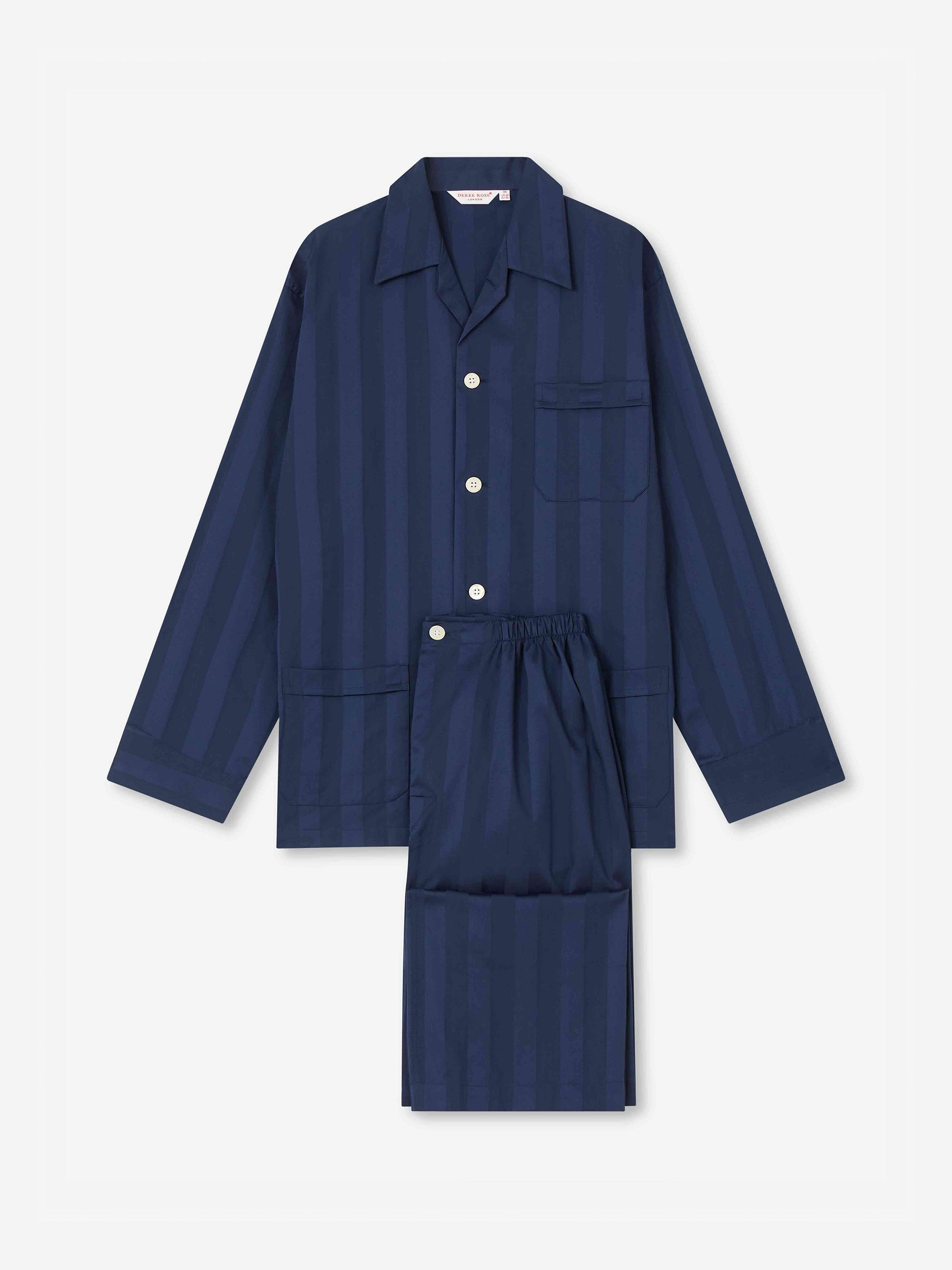 Men's Classic Fit Pyjamas Lingfield Cotton Satin Navy - 2