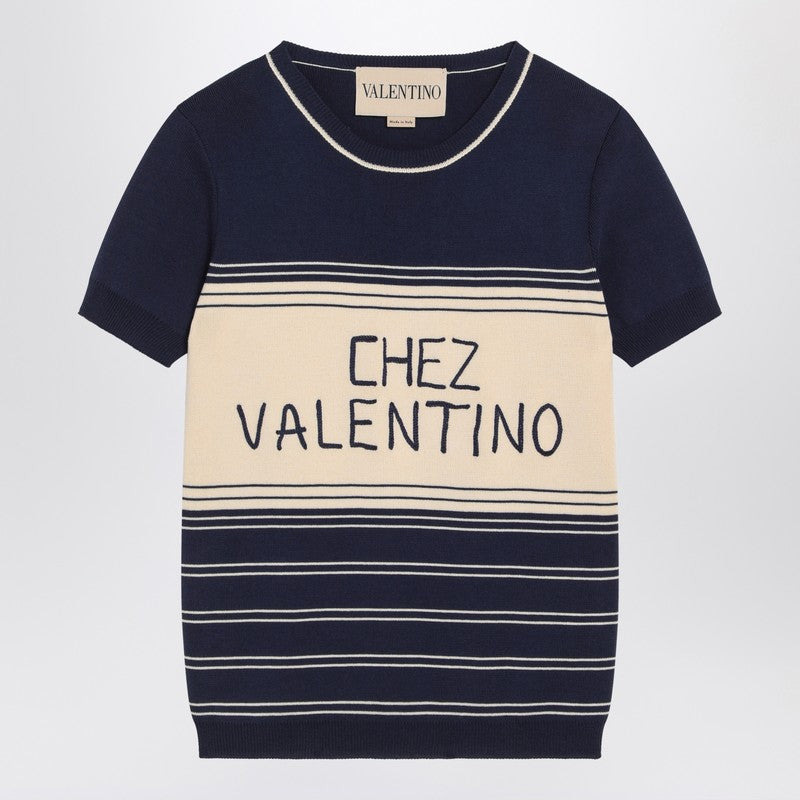 Valentino Blue Ribbed Top With Chez Valentino Embroidery Women - 1