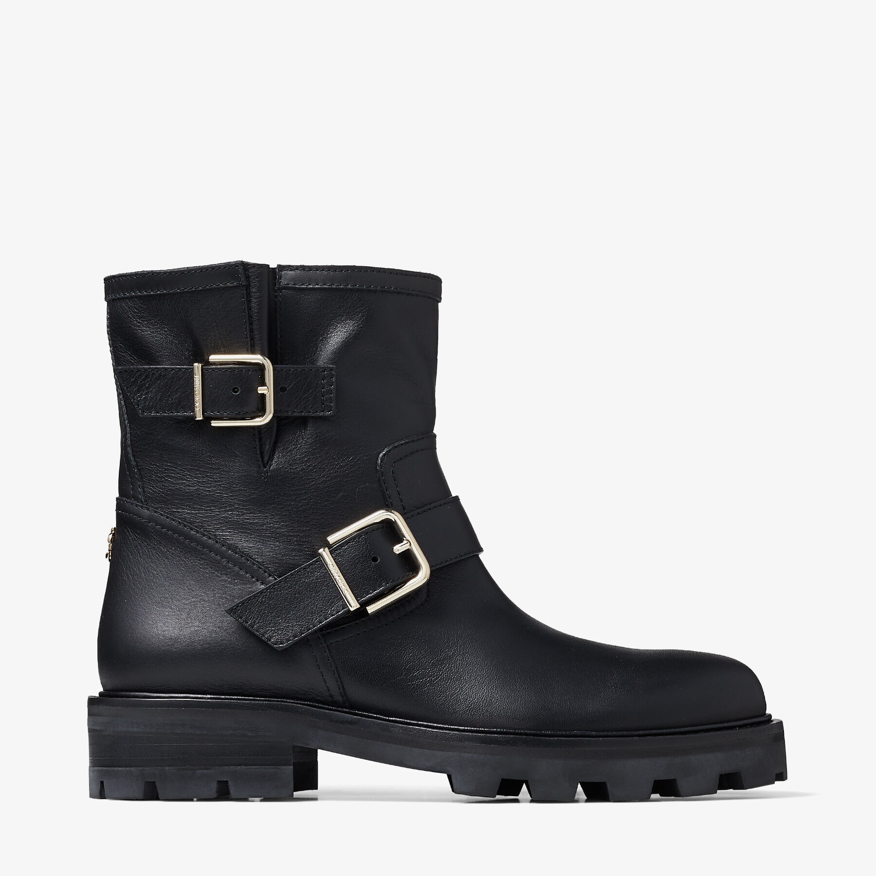 Youth II
Black Smooth Leather Biker Boots with Gold Buckles - 1