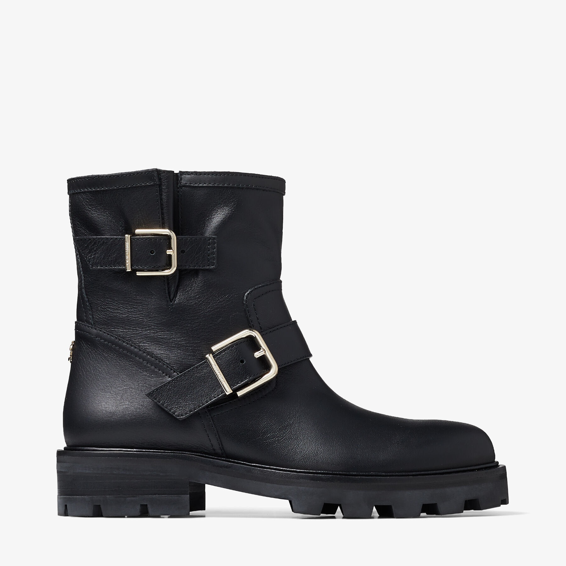 JIMMY CHOO Youth II Black Smooth Leather Biker Boots with Gold Buckles |  REVERSIBLE