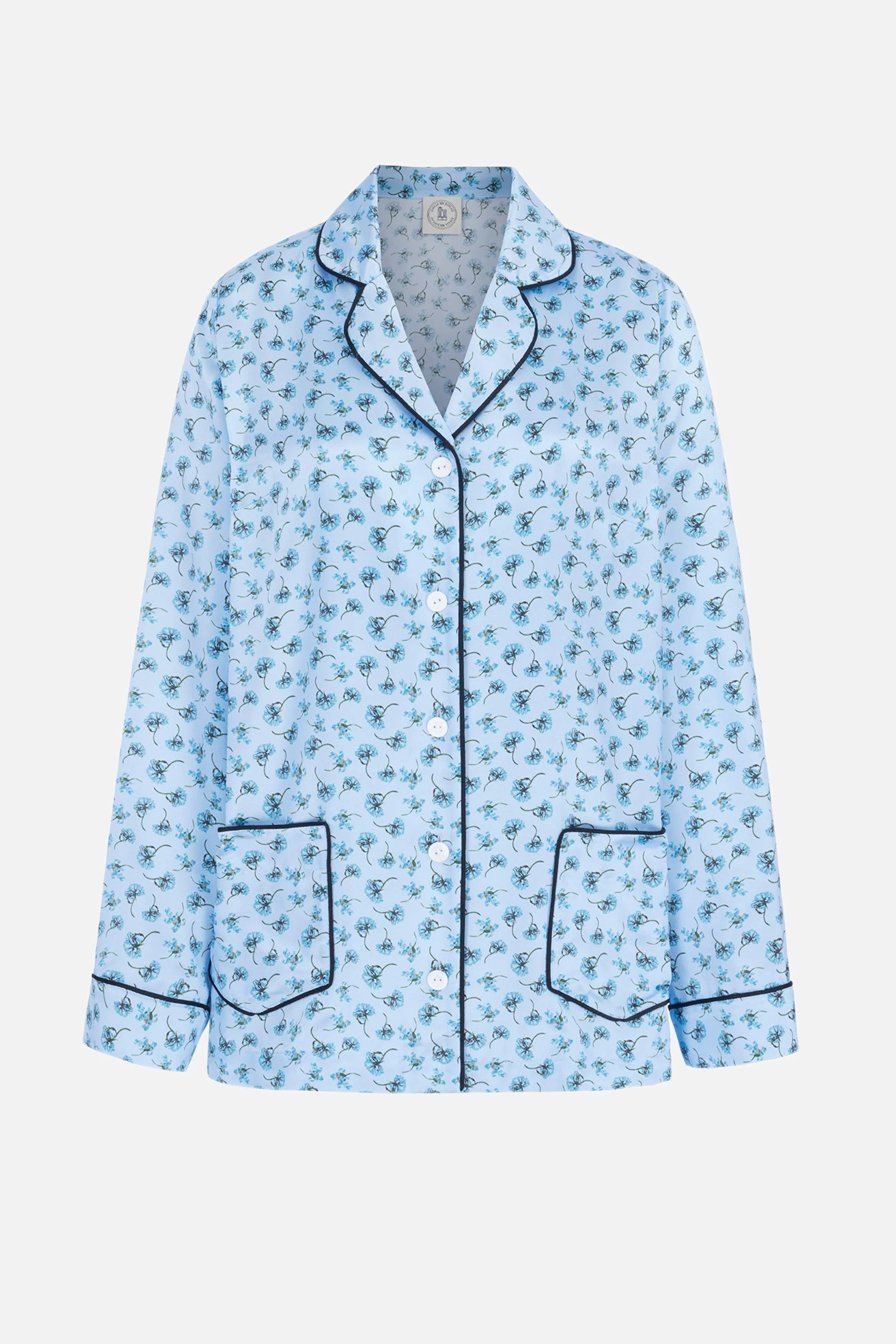 Trina Shirt In Ditsy Blue Marigold On Baby Blue Silk Satin - 1