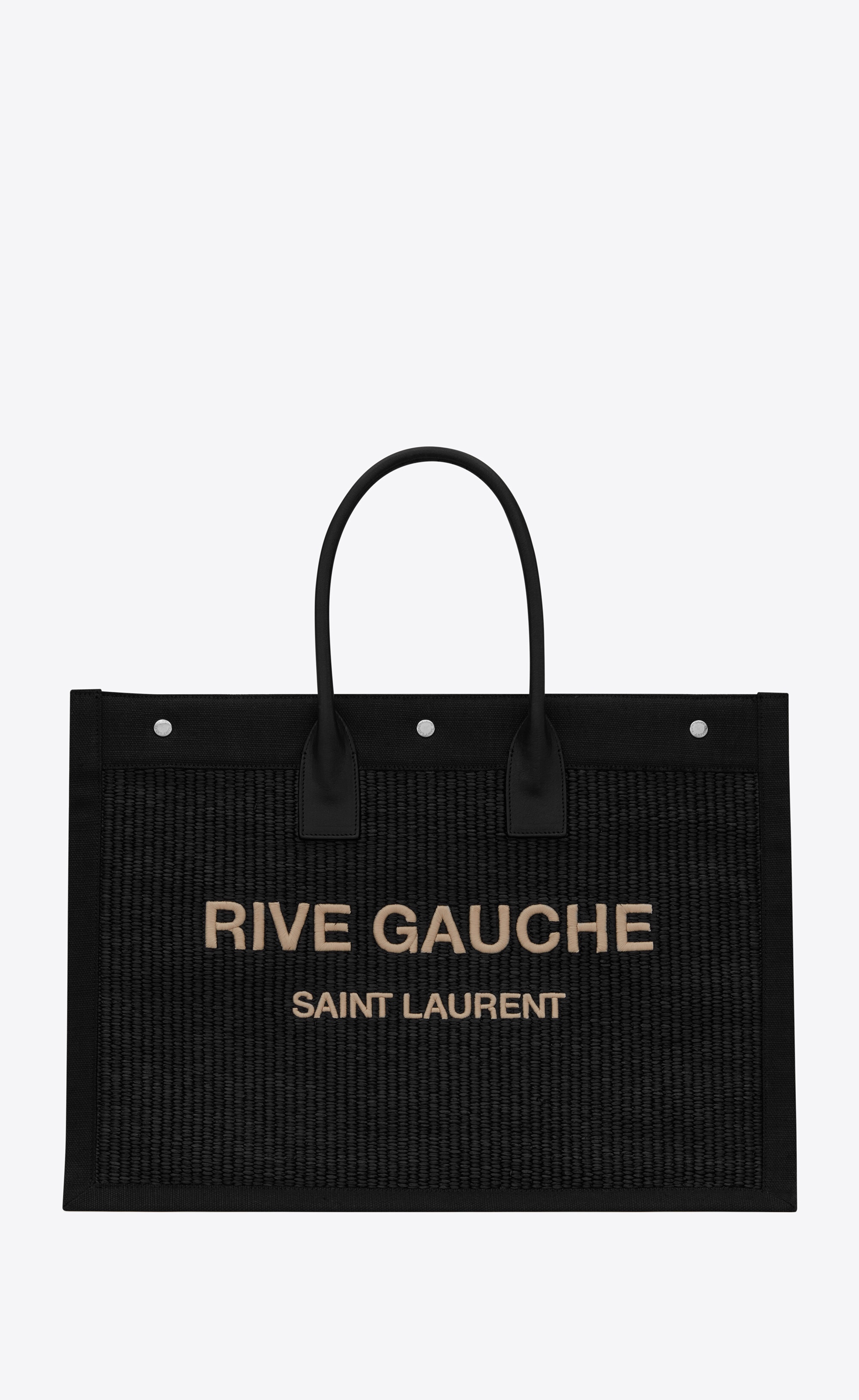 rive gauche large tote bag in embroidered raffia and leather - 1