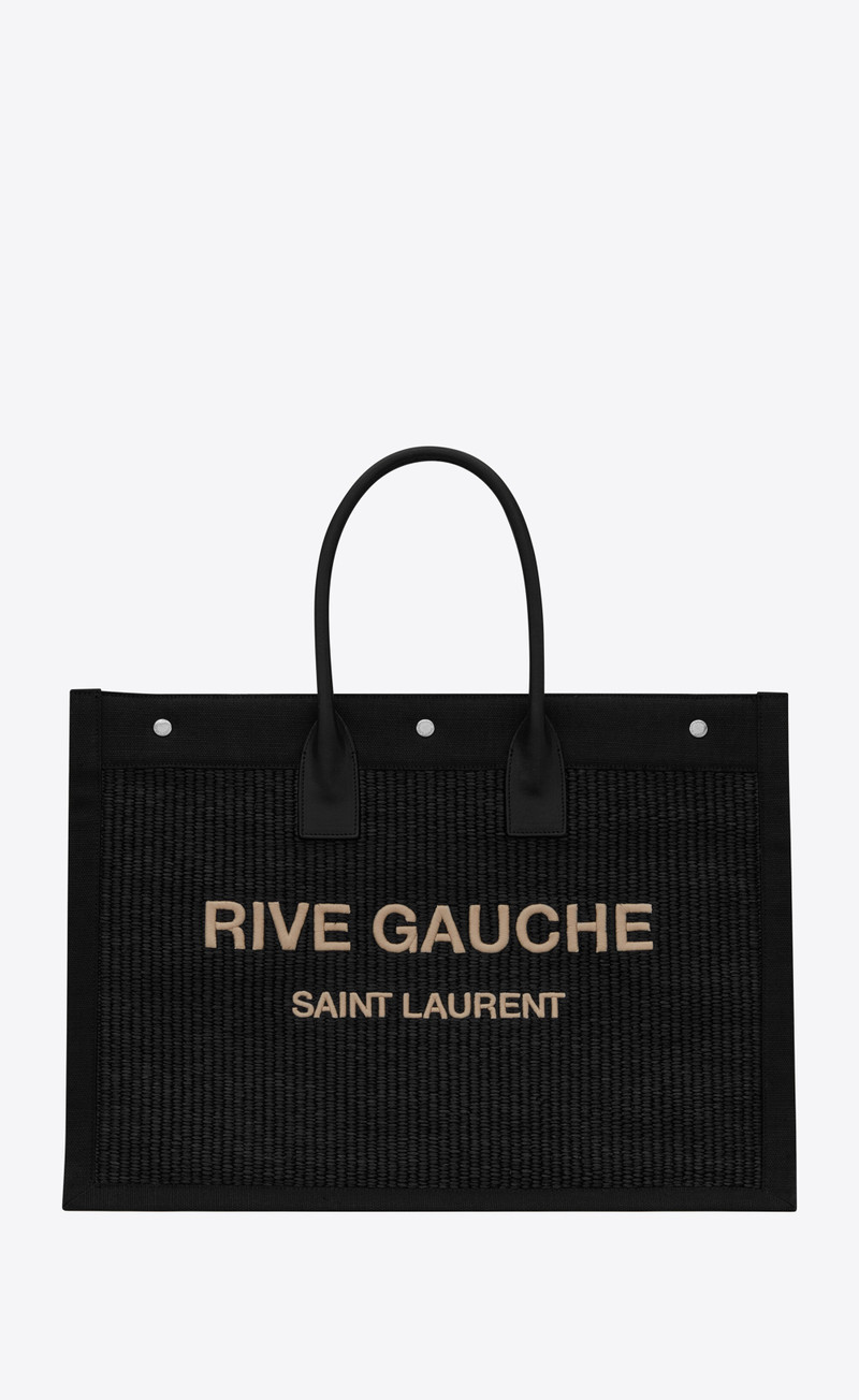 rive gauche large tote bag in embroidered raffia and leather - 1