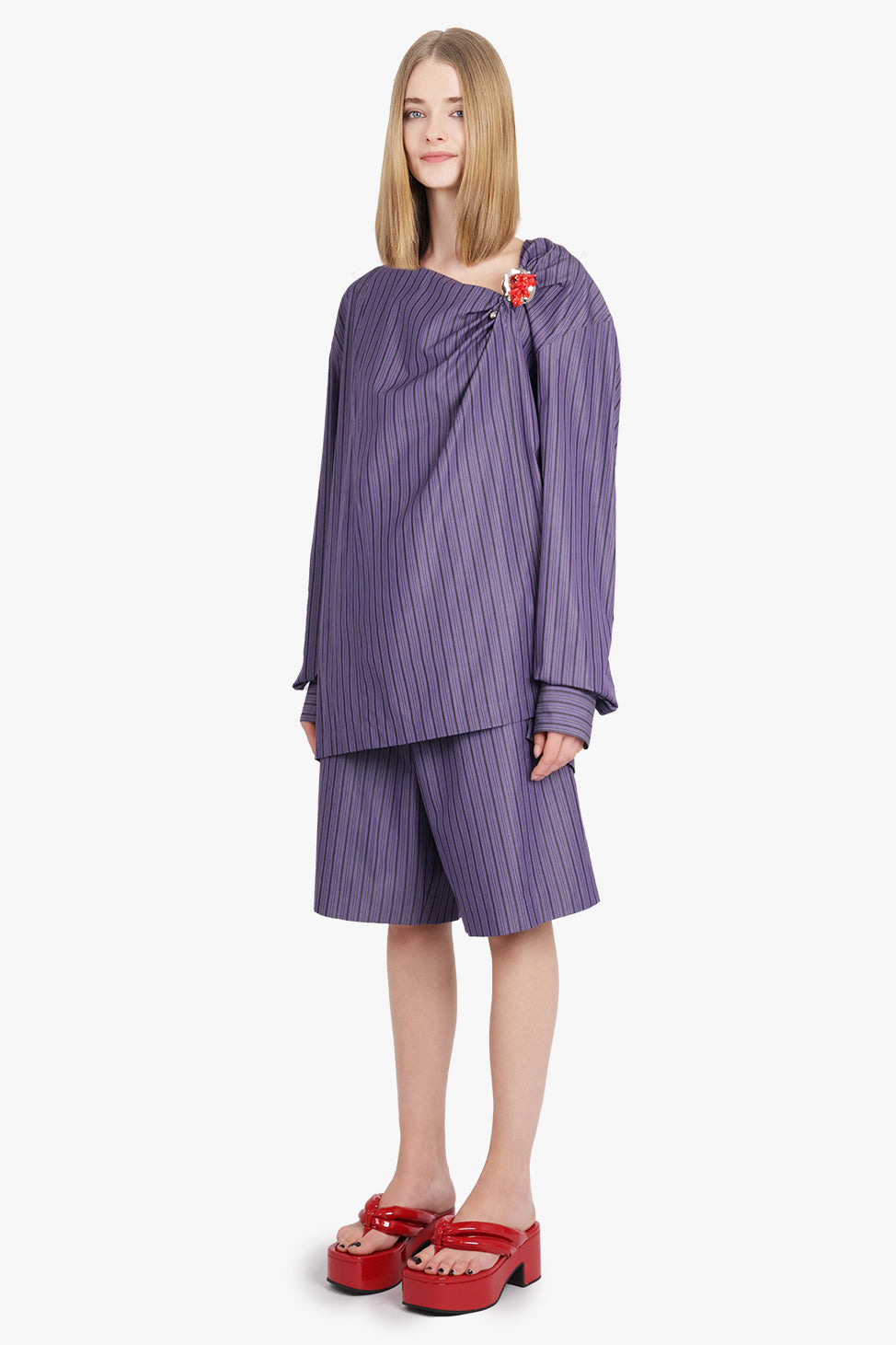 CIJOU STRIPE ASYMMETRICAL KNOT DETAIL L/S BLOUSE | PURPLE STEEL - 4