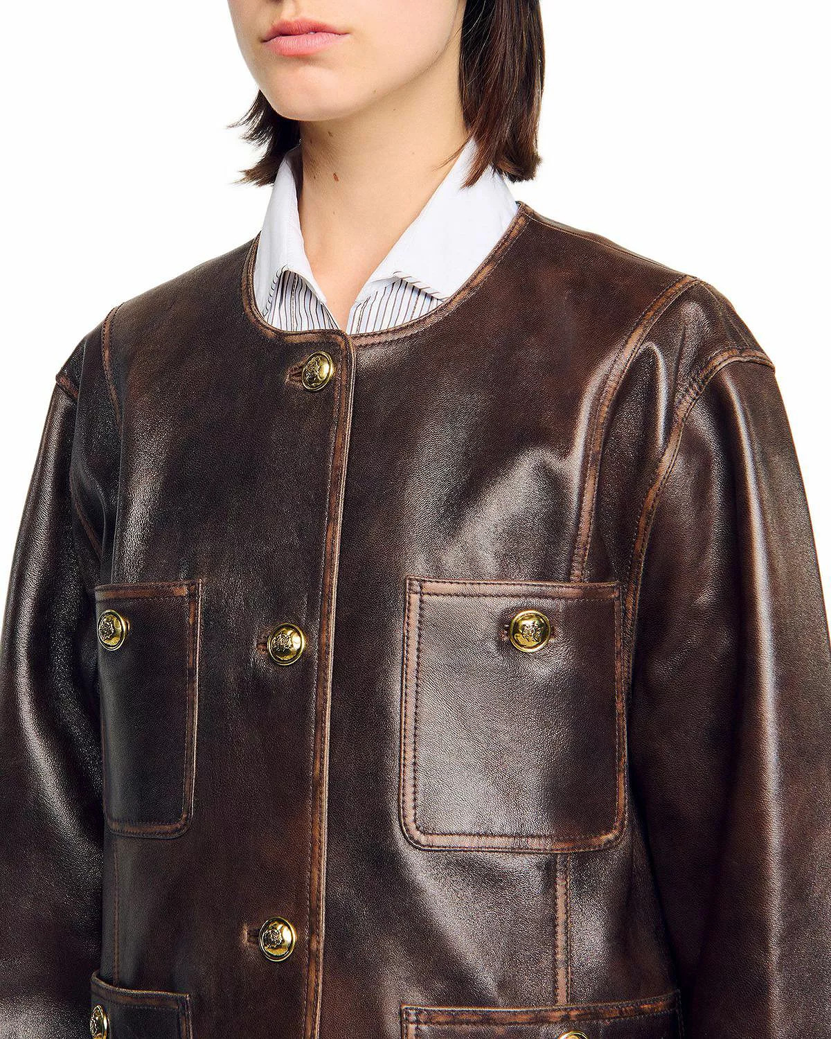 Long Distressed Leather Jacket - 4