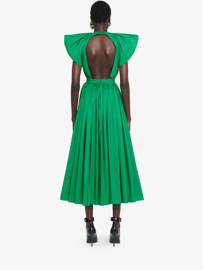 Women's Pleated Open Back Dress in Bright Green - 4