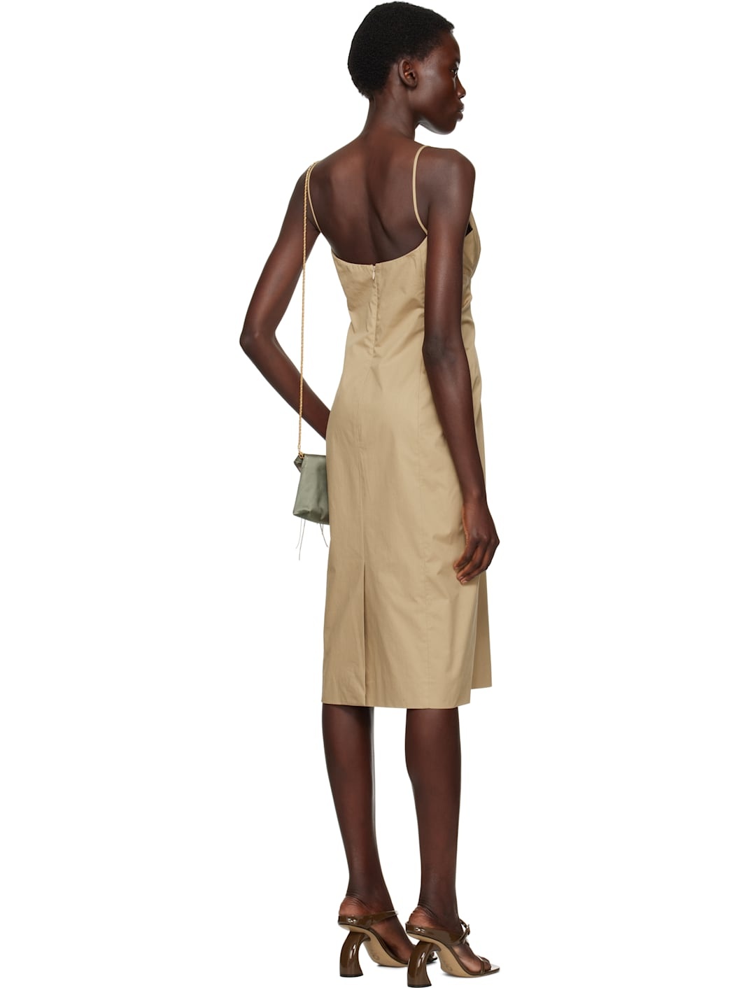Beige Gathered Midi Dress - 3