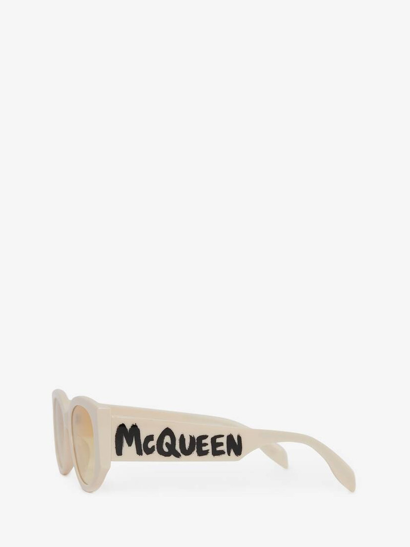 Alexander McQueen Women's McQueen Graffiti Oval Sunglasses in White/yellow outlook