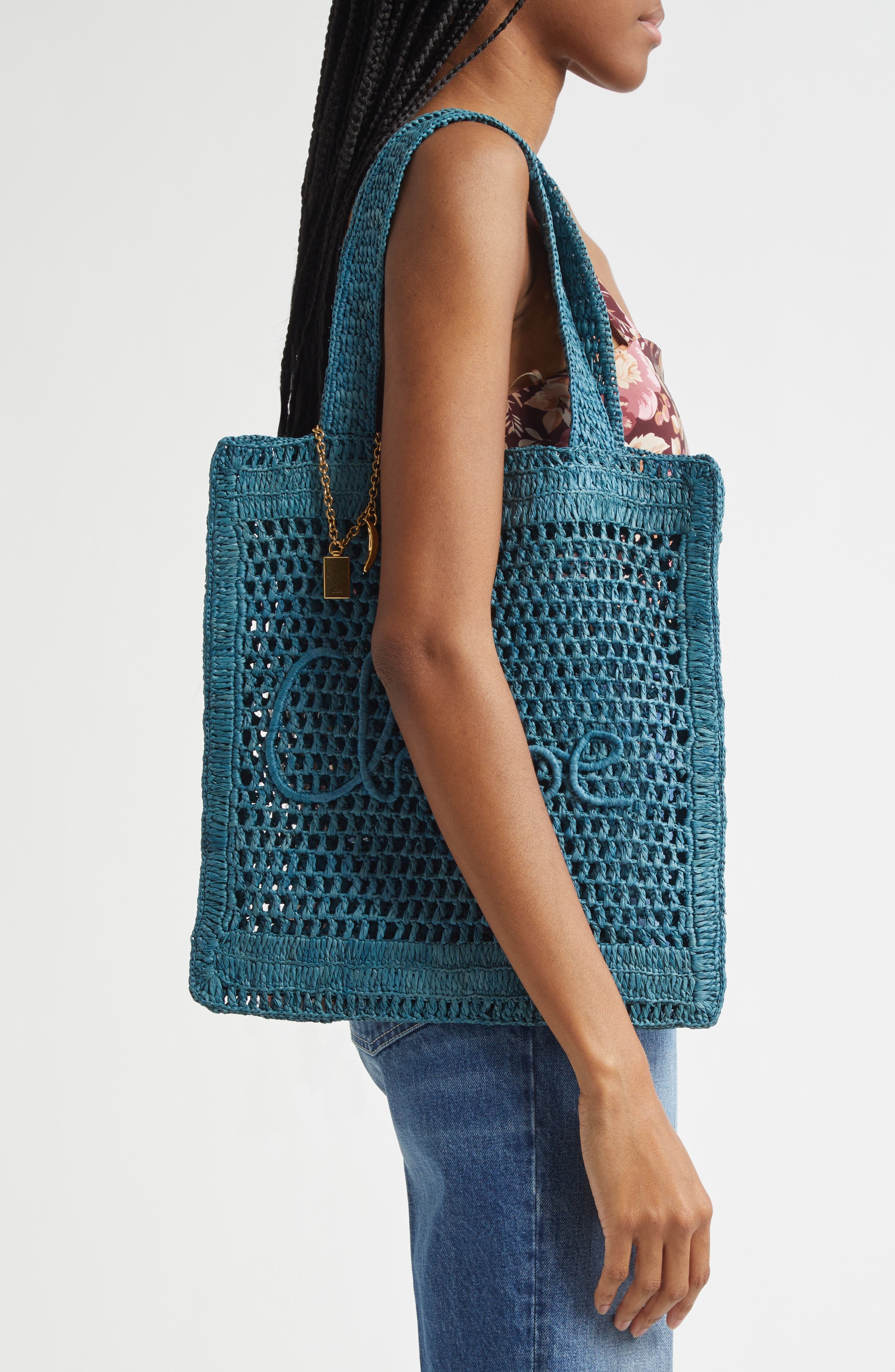 Chloé Summer Banana Crochet Raffia Tote Bag in Stormy Sea at Nordstrom - 2