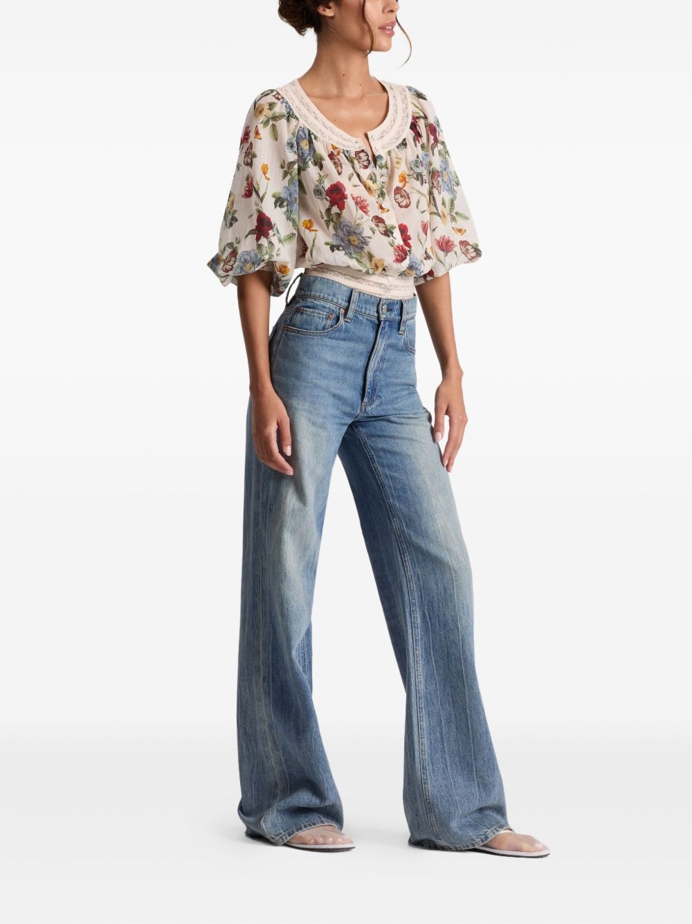 floral lace-trimmed blouse - 3