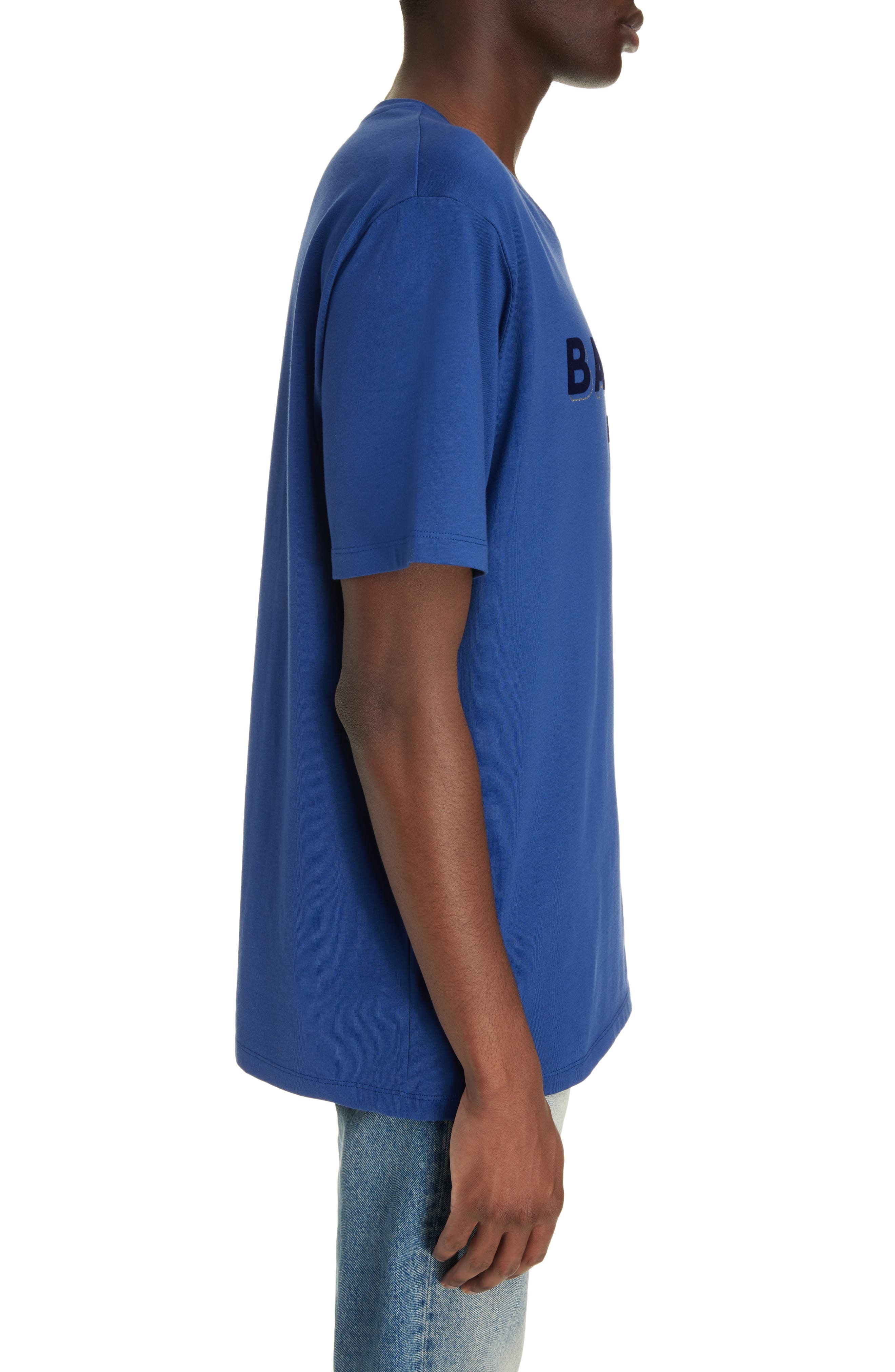 Balmain Flock & Foil Logo Graphic T-Shirt in Slk Dark Blue/Multi at Nordstrom - 4
