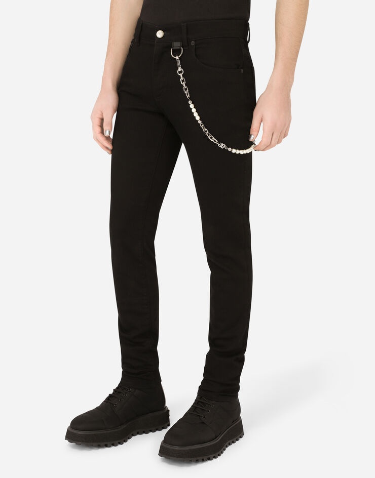 Black skinny stretch jeans with metal keychain - 4