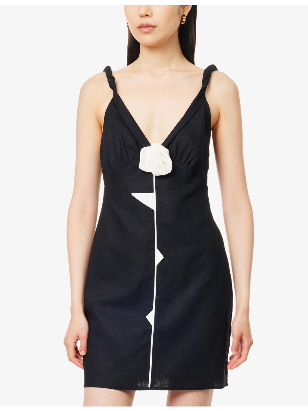 Rose Pipping V-Neck Linen-Blend Mini Dress - 3