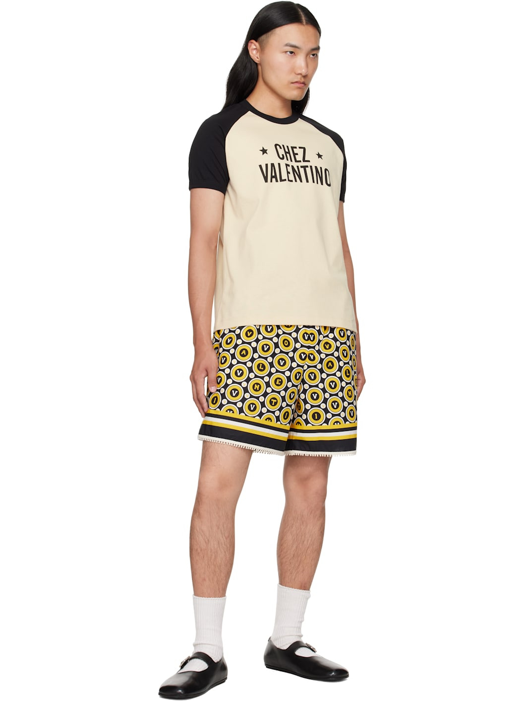 Beige & Black 'Chez Valentino' Print Cotton T-shirt - 4