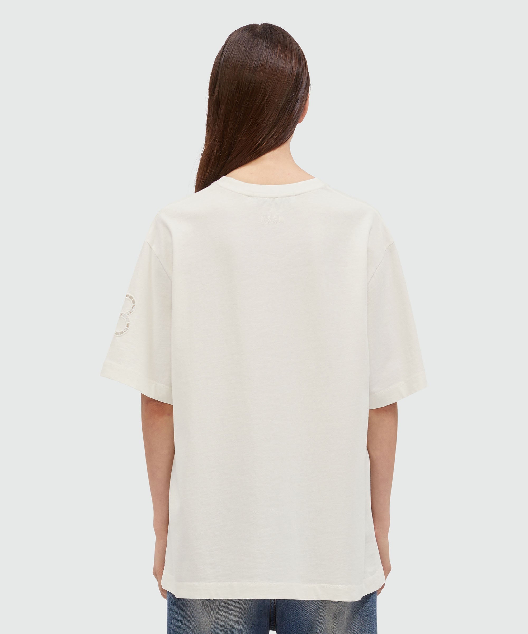 White cotton T-Shirt with floral embroidery - 3