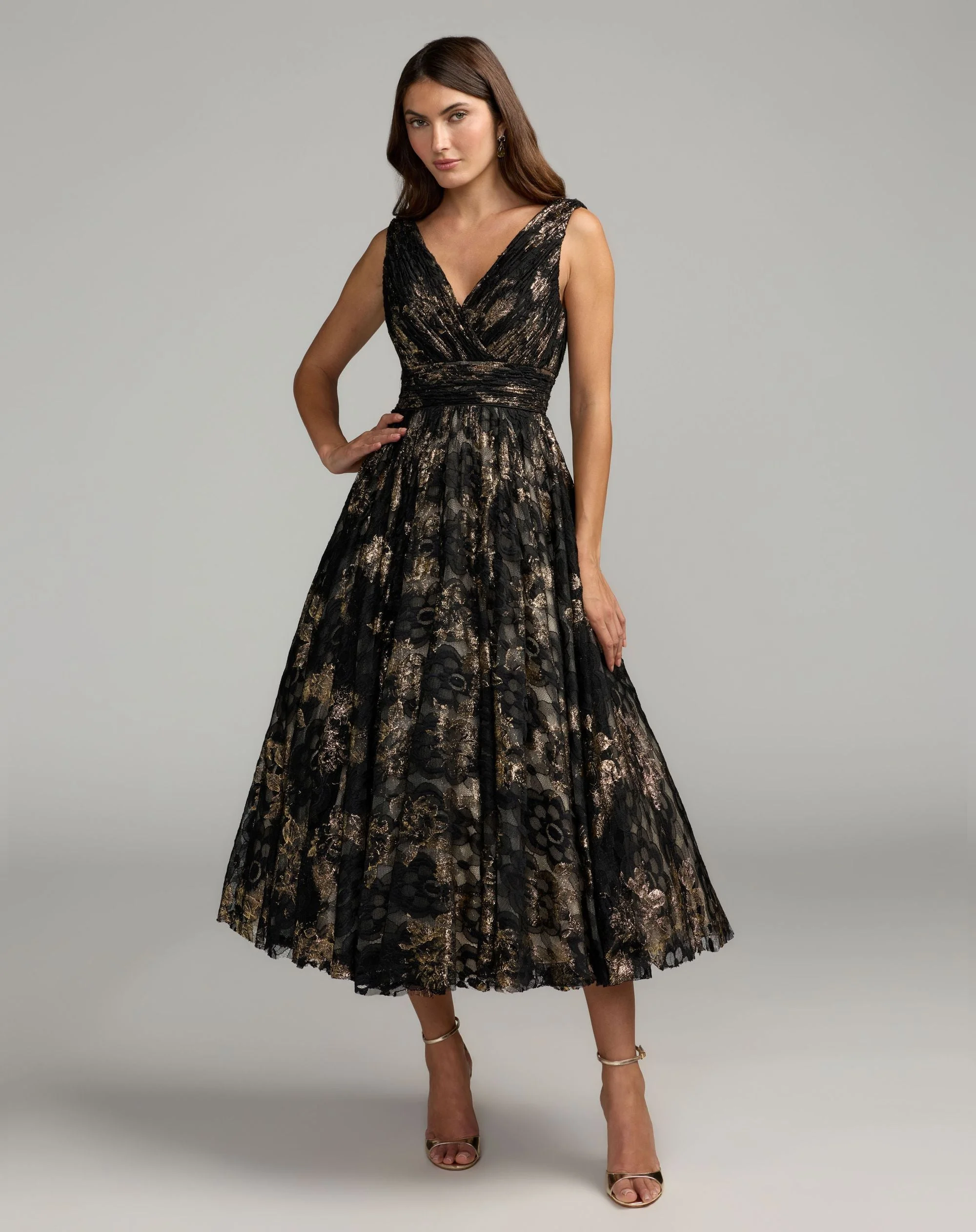 Black Metallic Lace Sleeveless V-Neck Midi Dress - 1