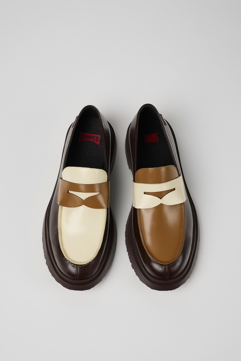 Brown and white leather loafers for men 5